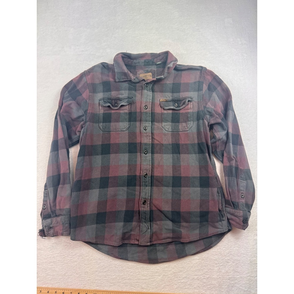 Orvis Mens Flannel Shirt Large Burgundy Gray Plaid Distressed Farm Worn Trashed